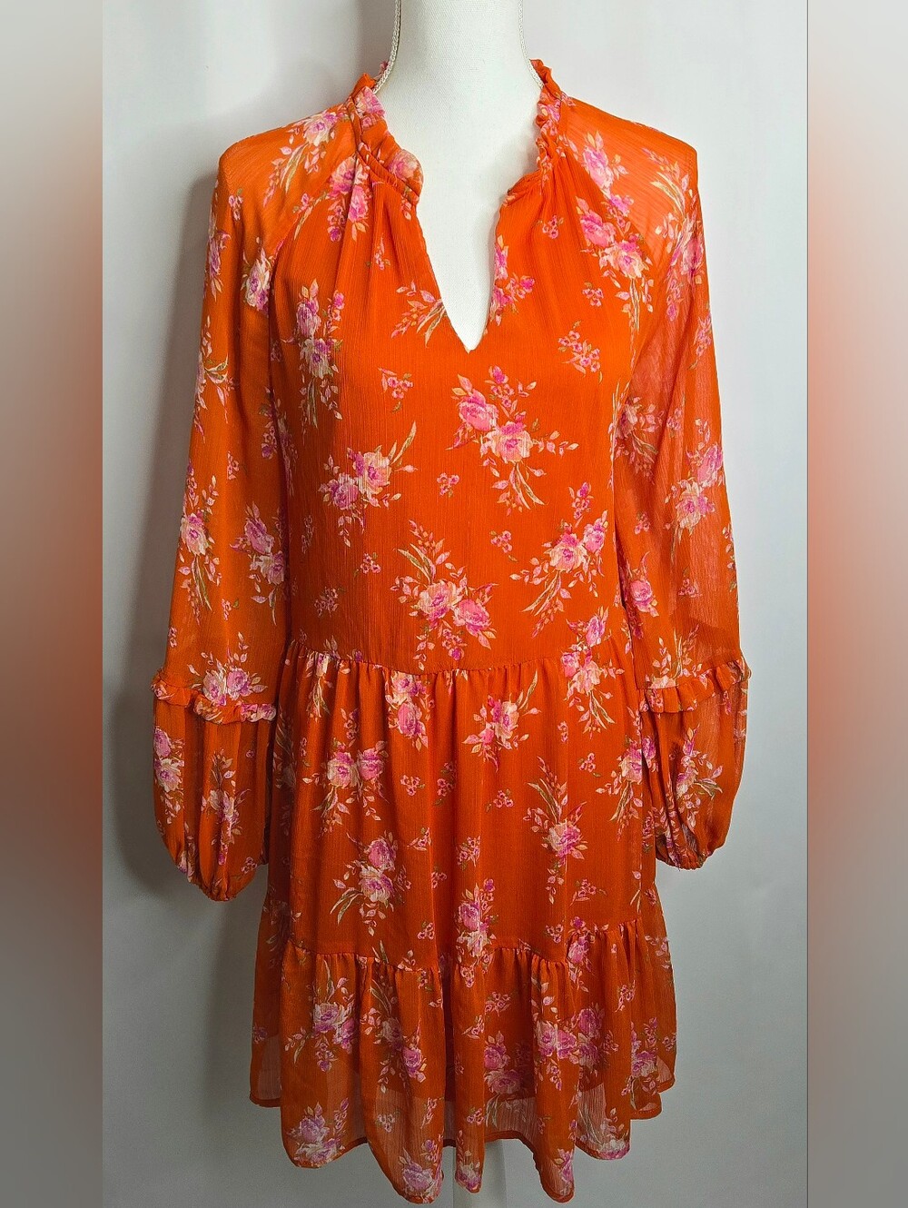 Vince Camuto Orange Floral Tiered Bishop Sleeves Wedding Guest Dress NWOT L